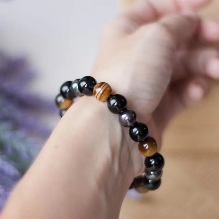 Pulsera Energética de Ojo de Tigre, Obsidiana y Hematita – Protección, Equilibrio y Fuerza