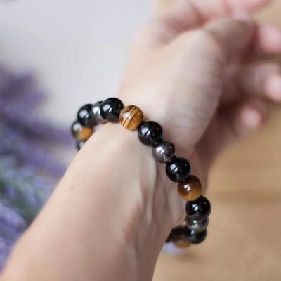 Pulsera Energética de Ojo de Tigre, Obsidiana y Hematita – Protección, Equilibrio y Fuerza