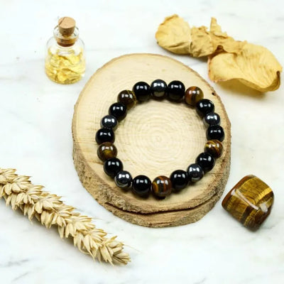 Pulsera Energética de Ojo de Tigre, Obsidiana y Hematita – Protección, Equilibrio y Fuerza