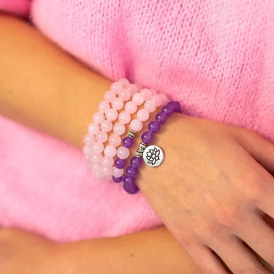 Pulsera Mala 108 Perlas – Amatista y Cuarzo Rosa para Paz y Amor