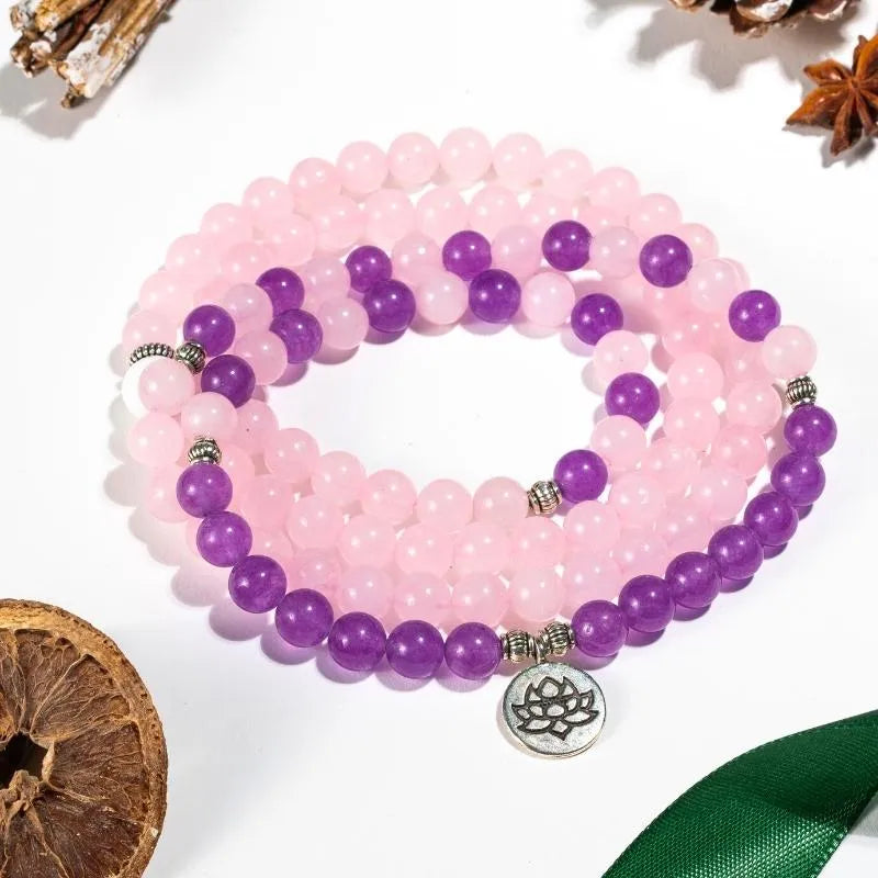 Pulsera Mala 108 Perlas – Amatista y Cuarzo Rosa para Paz y Amor