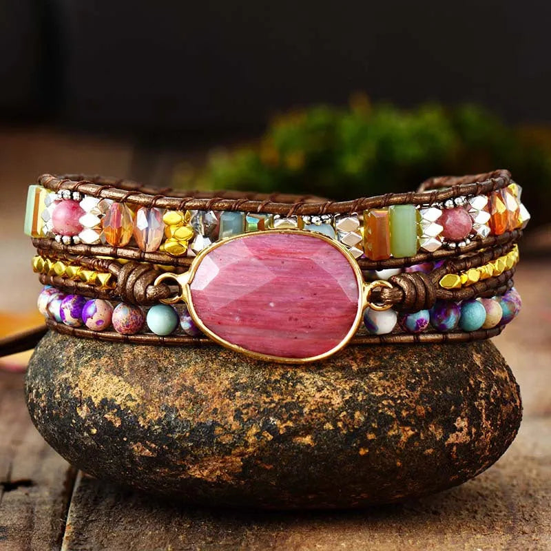 Pulsera Multicapa Bohemia con Cuarzo Rosa