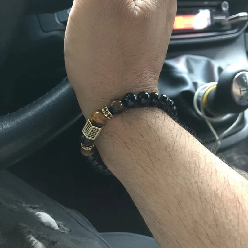 Pulsera de bolas de piedra de ónix para hombre