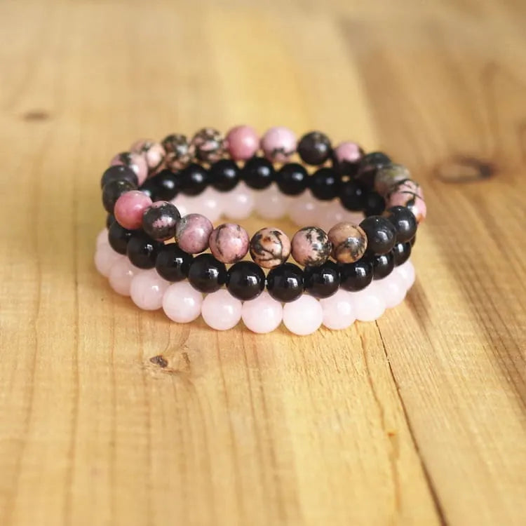 Pulsera de cuarzo rosa de 3 piezas