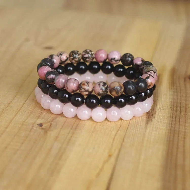 Pulsera de cuarzo rosa de 3 piezas