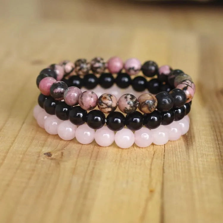 Pulsera de cuarzo rosa de 3 piezas