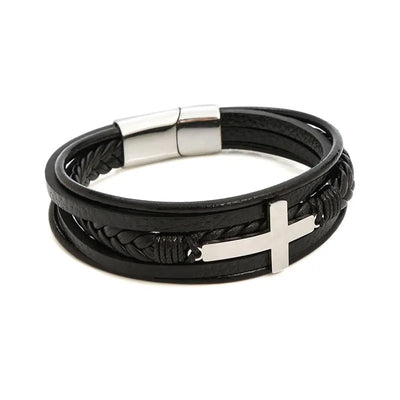 Pulsera de cuero para hombre con cruz de acero inoxidable