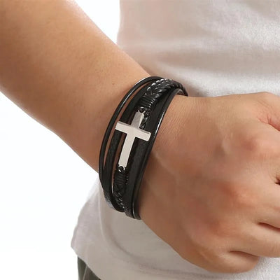 Pulsera de cuero para hombre con cruz de acero inoxidable
