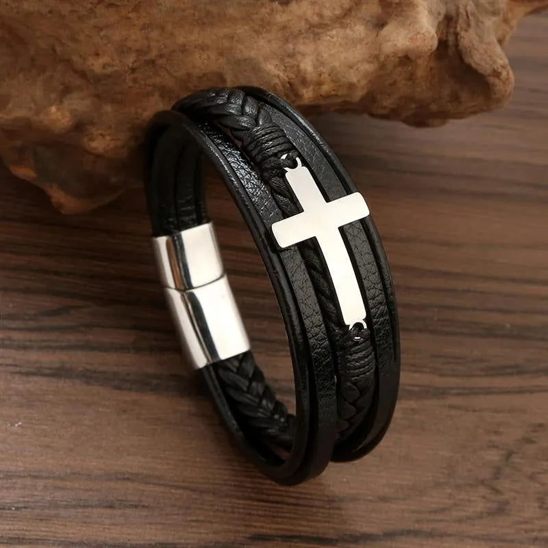 Pulsera de cuero para hombre con cruz de acero inoxidable