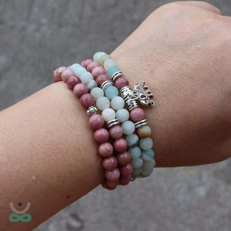 Pulsera de elefante mala en amazonita y piedra de rodonita.