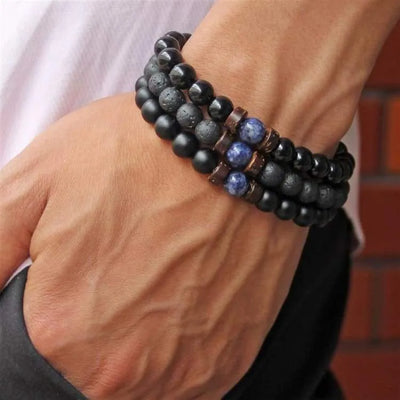 Pulsera de hombre de perlas de lava y obsidiana