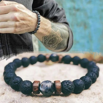 Pulsera de hombre de perlas de lava y obsidiana