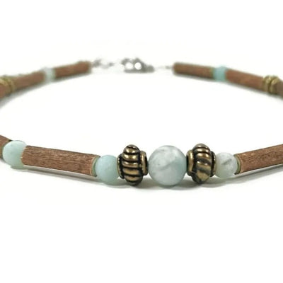 Pulsera sencilla de madera de avellano y amazonita