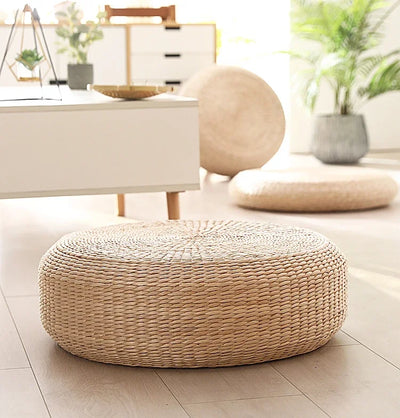 Puf Redondo de Paja Natural Tejido a Mano