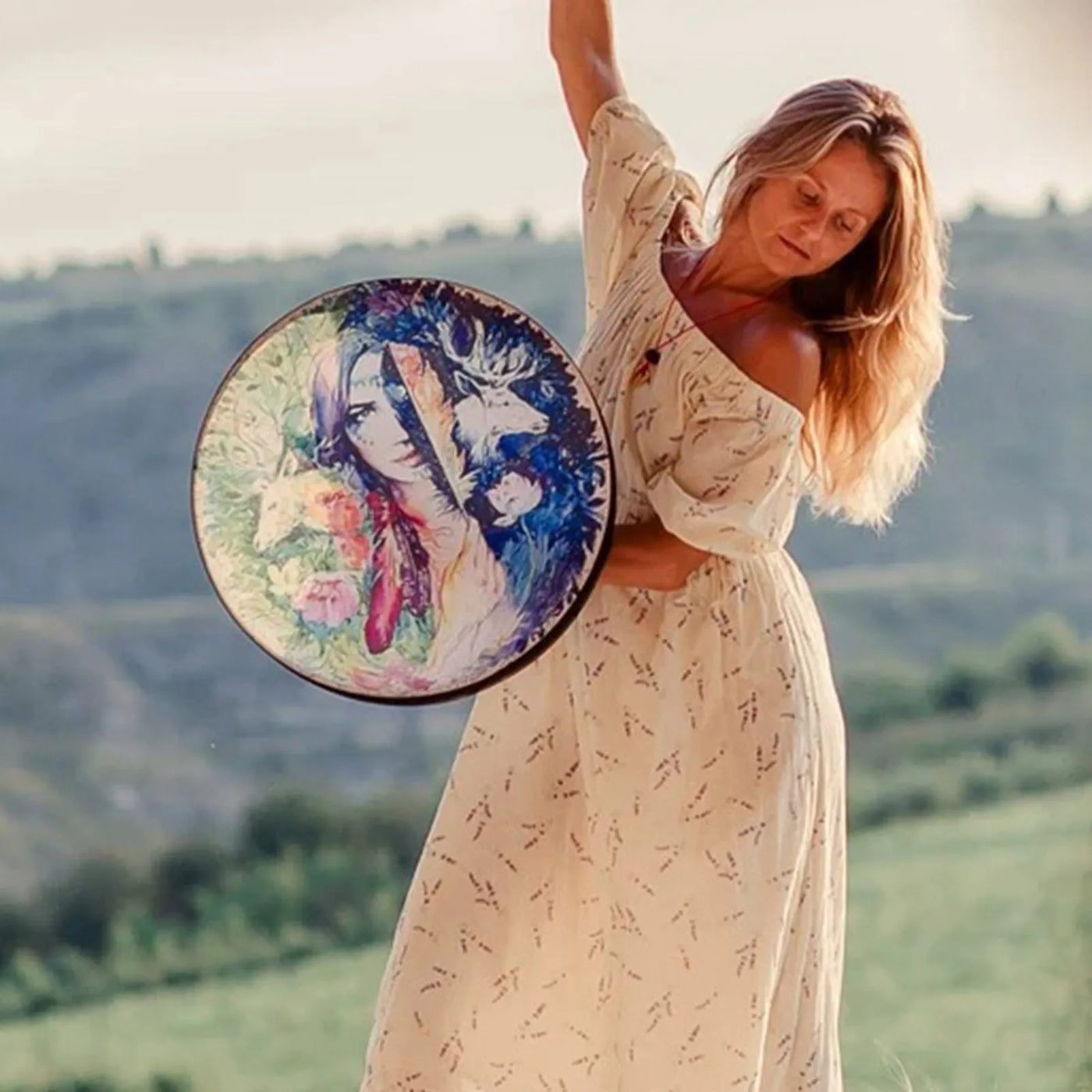 Tambor chamánico mujer y naturaleza