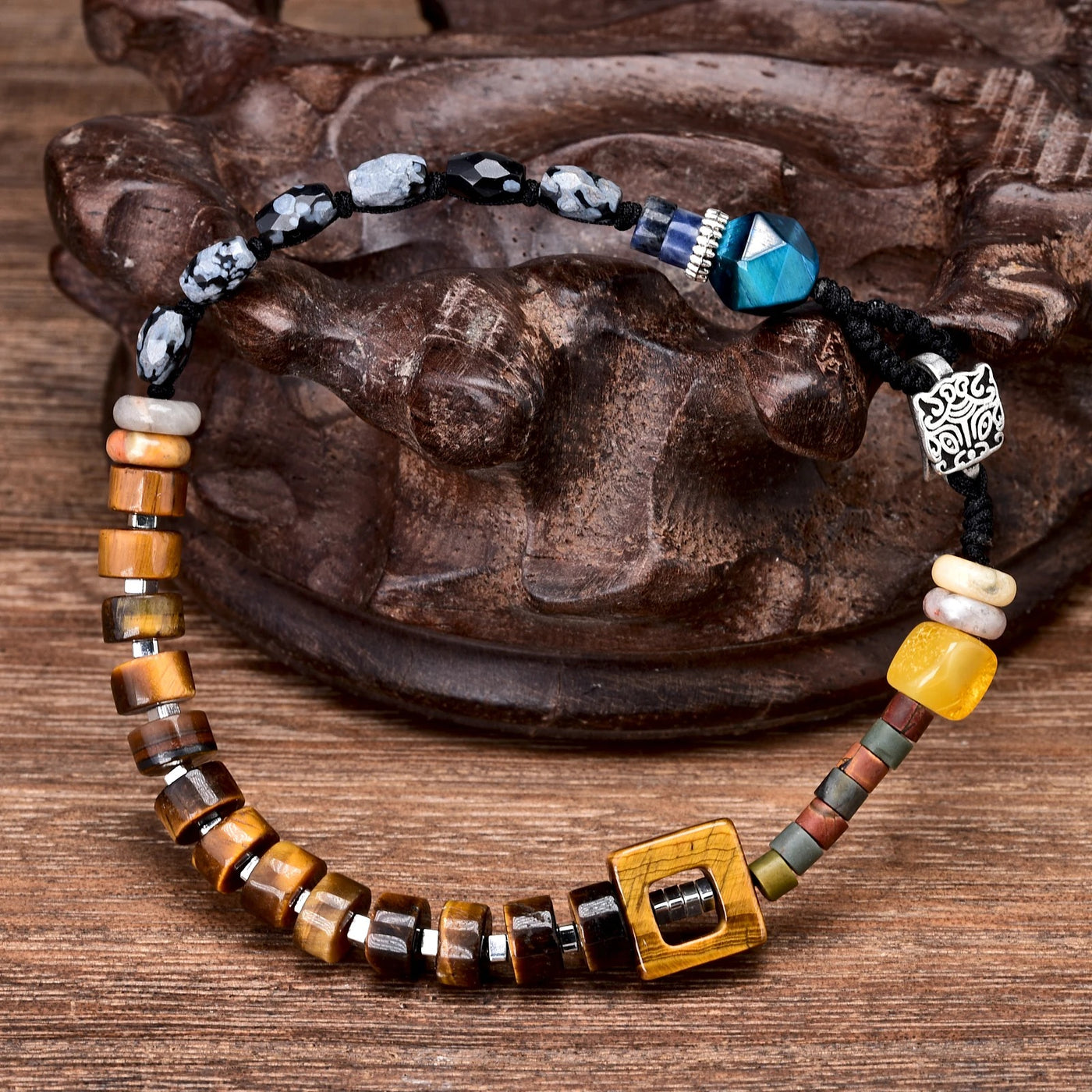 Pulsera Feng Shui de Protección con Obsidiana Nevada y Ojo de Tigre