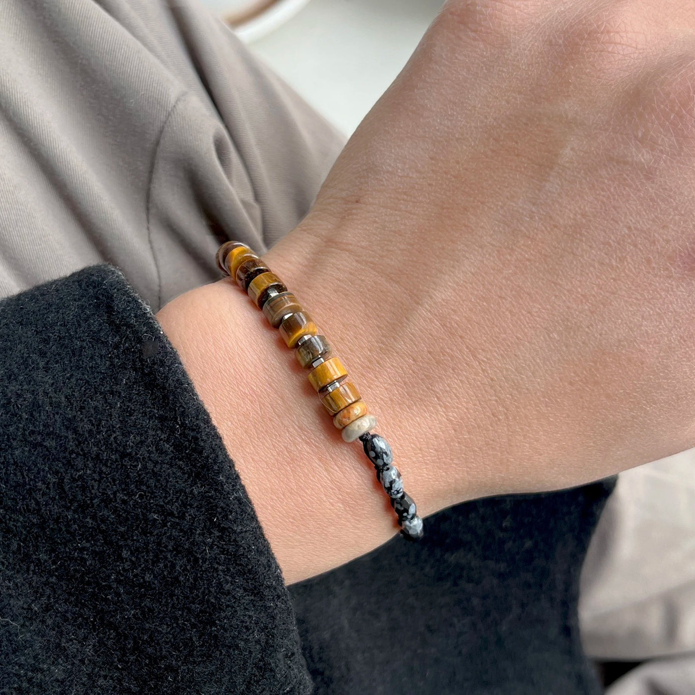 Pulsera Feng Shui de Protección con Obsidiana Nevada y Ojo de Tigre